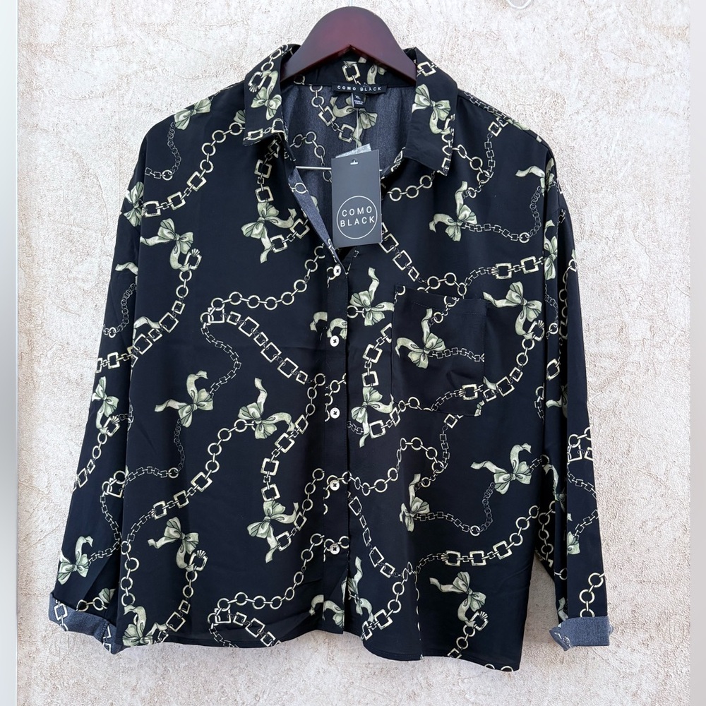 Como Black Printed Button Down Blouse